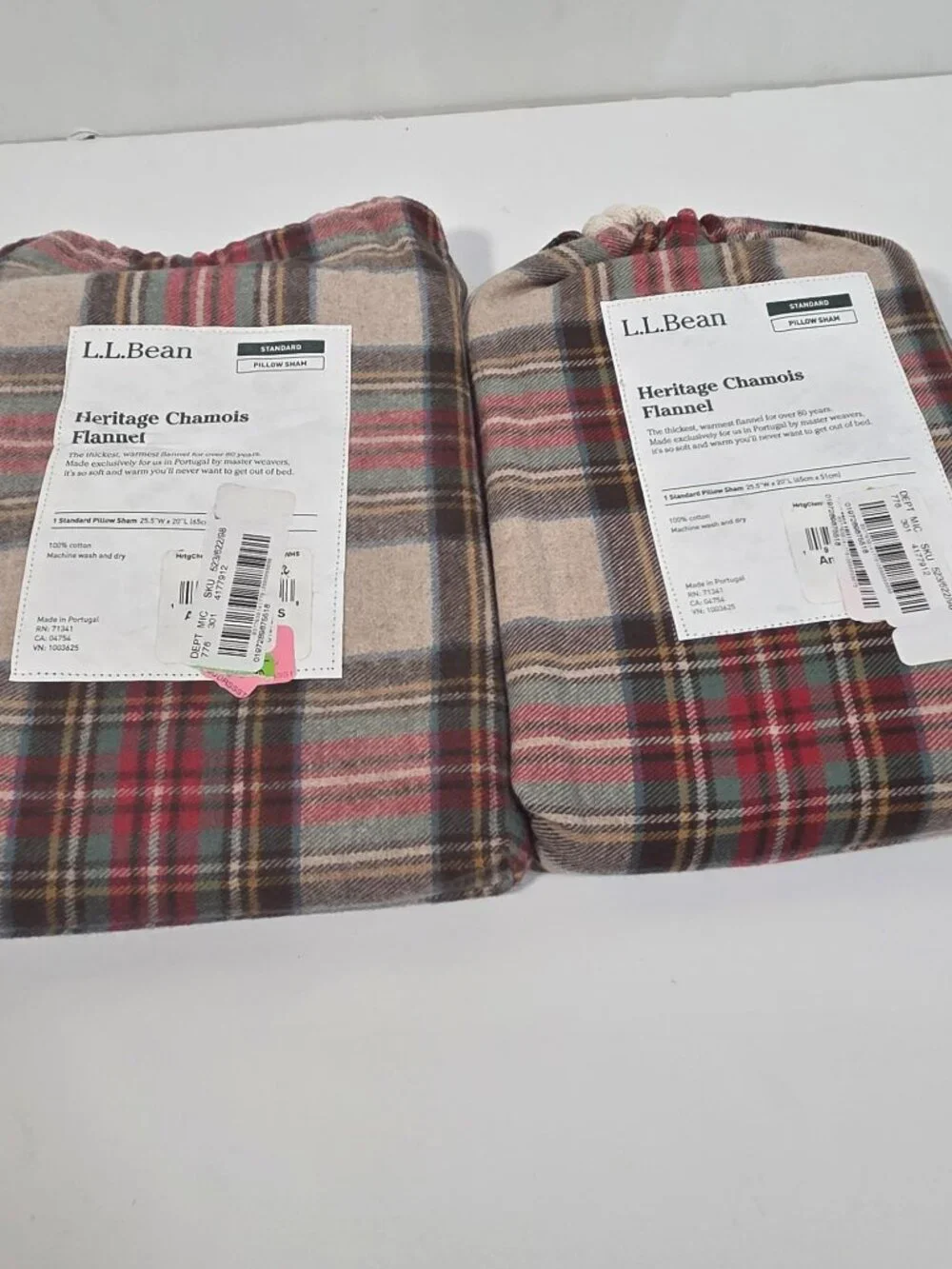 L.L.Bean Heritage Chamois Flannel Standard Pillow Shams Plaid Cotton Portugal